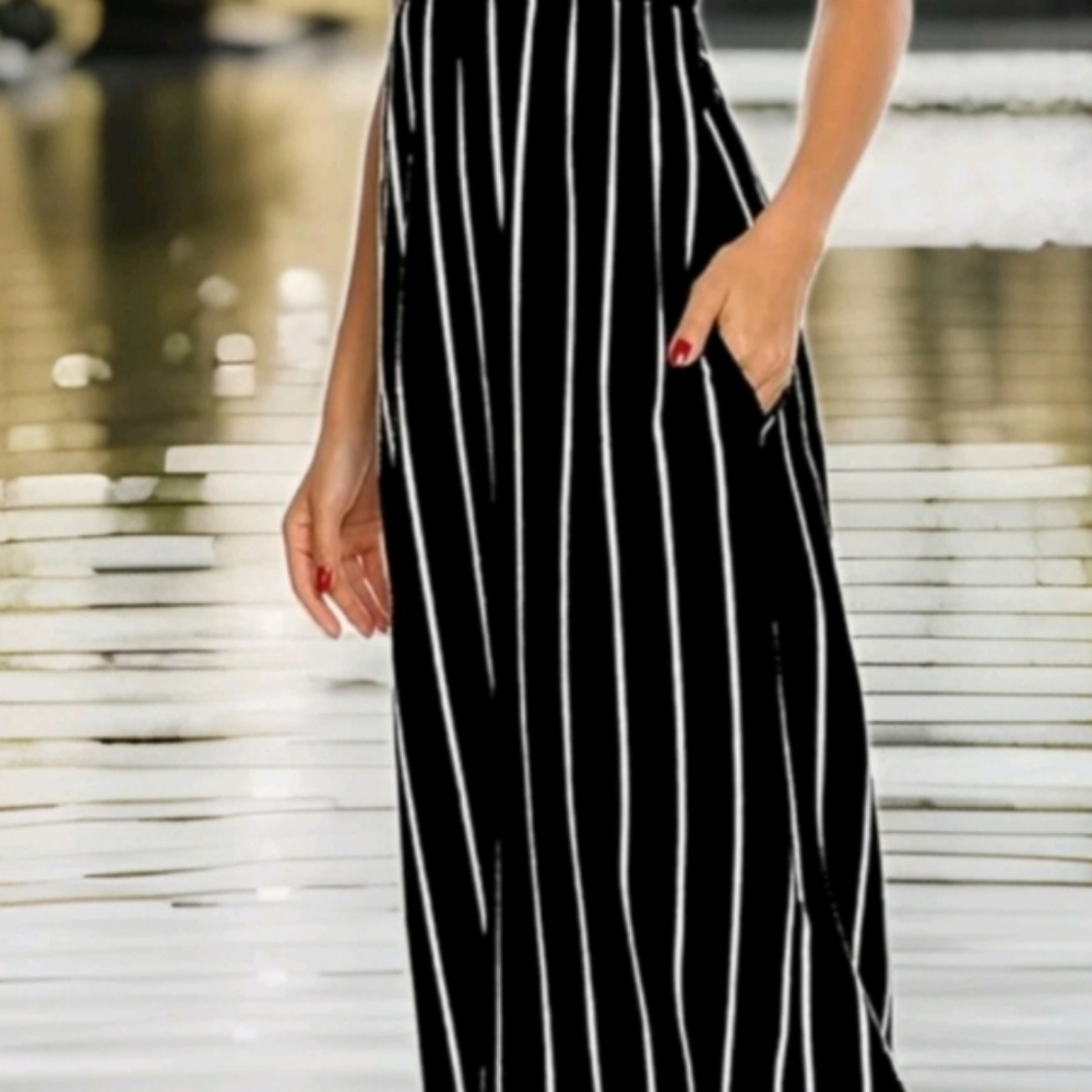 Women's Summer Sleeveless Black&White Striped Flowy Casual Maxi  with Pockets - Picture 5 of 5